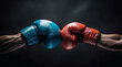 © Cadengo - Closeup two man hands in red and blue boxing gloves hitting each other on isolated dark misty background