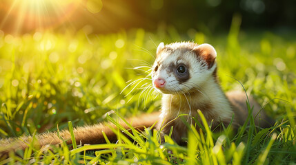 a cute little ferret on the green grass