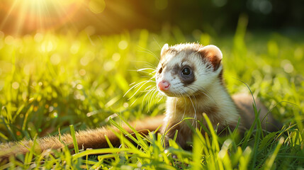 Wall Mural - a cute little ferret on the green grass