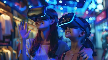 An Asian mother and her young daughter, both equipped with VR headsets, dive into the world of virtual fashion shopping, showcasing their joy and bonding time