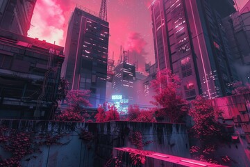 Wall Mural - Vibrant cyberpunk cityscape at twilight with glowing neon billboards and futuristic digital architecture in a dystopian urban metropolis