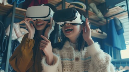 An Asian mother and her young daughter, both equipped with VR headsets, dive into the world of virtual fashion shopping, showcasing their joy and bonding time