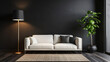 © wasan - Modern lounge area with a green plant, white sofa, and black lamp, contemporary design
