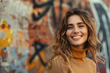 Poster - portrait of a beautiful smiling woman with long brown hair