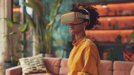 Wall Mural - In her stylish living room, a woman uses a VR headset to shop online. The metaverse brings an immersive and interactive shopping experience directly to her home.