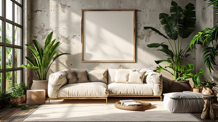 Wall Mural - Spacious living room with a white sofa, green plants, and wooden furniture, modern design