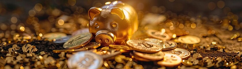 Golden piggy bank amidst scattered coins, symbolizing wealth, savings, and financial growth in a warm, glowing setting.