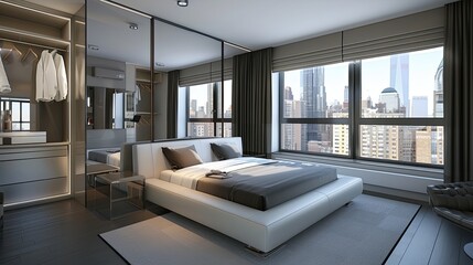 Wall Mural - Interior of a sleek modern bedroom with a low-profile king-sized bed, minimalist design, and a large, mirrored closet