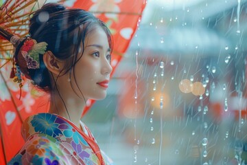 Poster - Portrait of a beautiful Japanese woman in traditional kimono with red umbrella in the rain