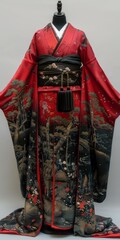 Poster - Traditional Japanese Kimono with Red and Black Landscape Design