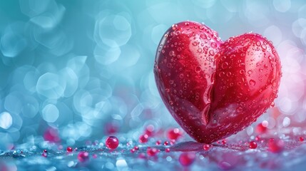 Wall Mural - Red heart with water drops on a blue shiny surface with a blurred background of blue and pink lights.