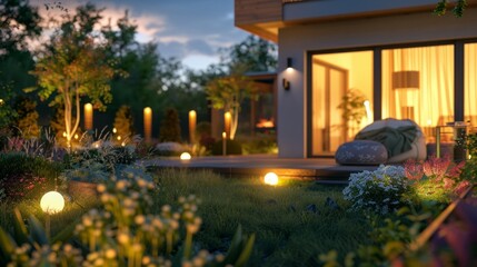 Poster - A house with a large patio and a garden with flowers