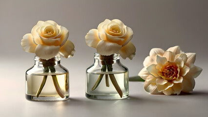 Wall Mural - Concept for perfumed products in small perfume bottles stand small rose flowers on a neutral background