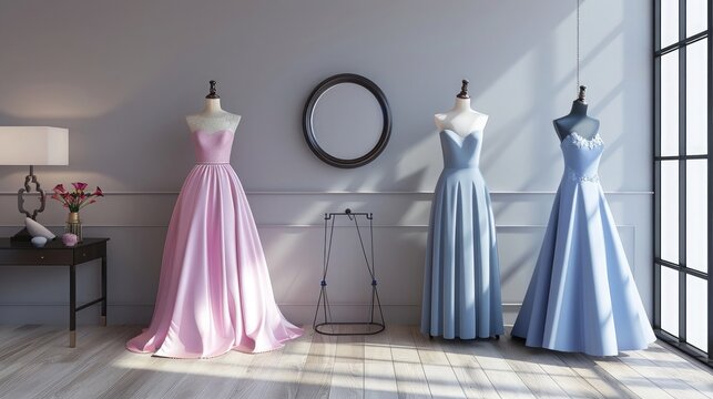 3D rendering of pink and blue evening dresses on mannequins in a modern room with a gray wall, round mirror, table lamp, and black dress hanger. The dresses are rendered