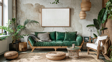 Wall Mural - Spacious living room with a white sofa, green plants, and wooden furniture, modern design