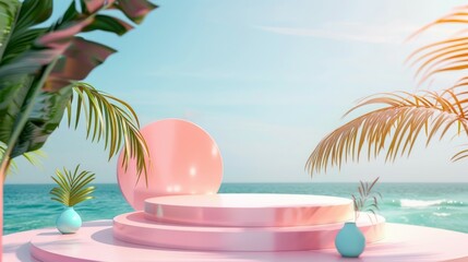 Poster - A pink stage with palm trees and a blue ocean in the background