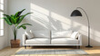 © wasan - Spacious lounge area with a green plant, white sofa, and black lamp, contemporary design