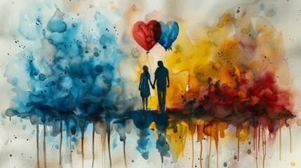 Canvas Print - Draw a scene of a couple strolling hand in hand through a park, surrounded by blooming flowers and heart-shaped balloons