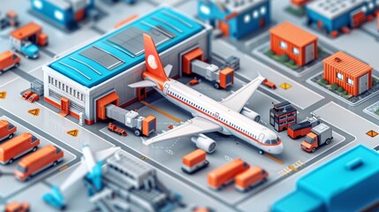 Canvas Print - Illustrate an overhead aerial view of a bustling airport terminal, with planes parked at gates and passengers boarding and disembarking.