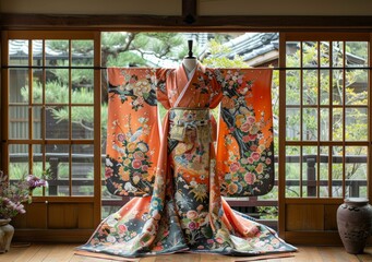 Wall Mural - A kimono with a pattern of cherry blossoms and mandarin ducks