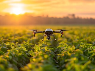 Poster - smart agricultural drone monitoring crops over scenic farm landscape at sunset