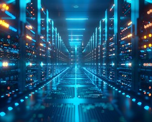 Poster - Futuristic Data Center with Glowing Server Racks Illuminating an Urban Technology Landscape