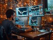 © Thares2020 - Cryptocurrency Trends Analysis on Multiple Screens in High Tech Home Office