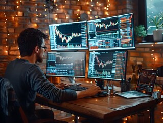 Poster - Cryptocurrency Trends Analysis on Multiple Screens in High Tech Home Office