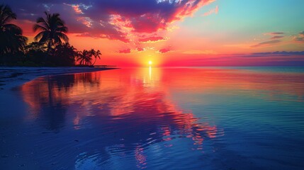 Wall Mural - Breathtaking sunset at a calm tropical beach with vibrant sky reflections