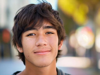 Portrait of a young man with a friendly smile and natural look, captured in a vibrant urban setting with a beautifully blurred background, ideal for stock photography emphasizing youthful charm