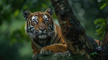 Wall Mural - Tiger on a tree in the green jungle of central India