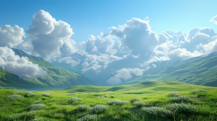 Canvas Print - Rolling Green Hills and Blue Sky with White Clouds