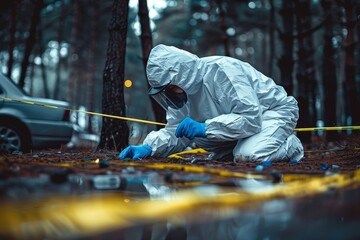 forensic investigator in protective suit crouched over, examining evidence at a crime scene in a woo