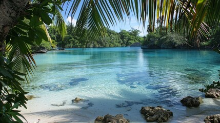 Wall Mural - Crystal clear water of a peaceful tropical lagoon surrounded by lush greenery