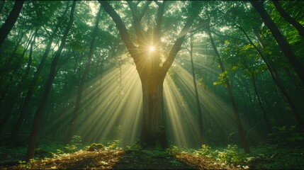 Wall Mural - Illustrate a dense forest illuminated by the warm light of a hidden sun, with shafts of light filtering through the