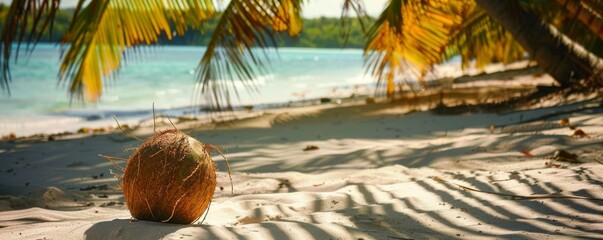 Canvas Print - Lone coconut on sandy tropical beach at sunset