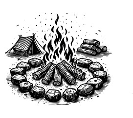 Wall Mural - campfire engraving black and white outline bonfire clipart drawing vector