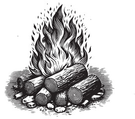 Sticker - campfire engraving black and white outline bonfire clipart drawing vector