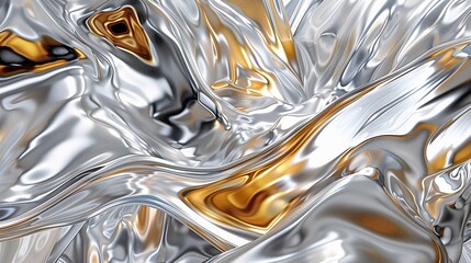 Wall Mural - An abstract scene of flowing liquid metal in silver and gold, creating fluid, mirror-like surfaces with dynamic reflections.