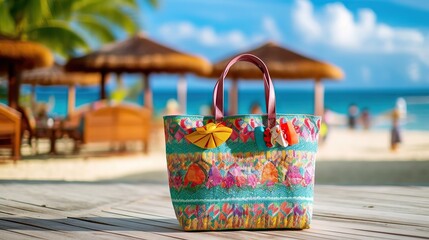 This image features a vibrant beach bag with unique designs placed on wooden deck overlooking a beach with huts and clear blue sky