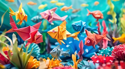 Creative origami fish swimming in a coral reef scene with vibrant colors and diverse marine life reflecting the fish's underwater home.