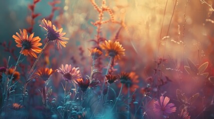 Wall Mural - Enchanted wildflower meadow at sunset
