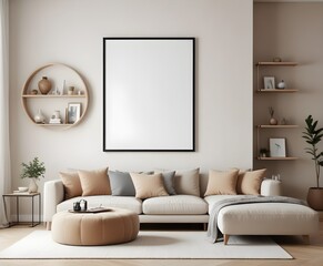 Frame mockup, ISO A paper size. Living room poster mockup. Modern interior design. Living room Interior mockup with house background. 3D render