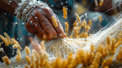 Wall Mural - forager weaving a fishing net from plant fibers photographed using macro lens to showcase the intricate craftsmanship