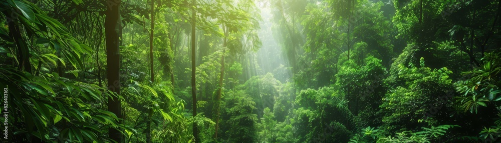 Lush green forest with tall trees and dense foliage, sunlight filtering ...