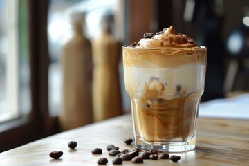 Poster - Decadent glass of dalgona coffee garnished with whipped cream and chocolate, amidst coffee beans