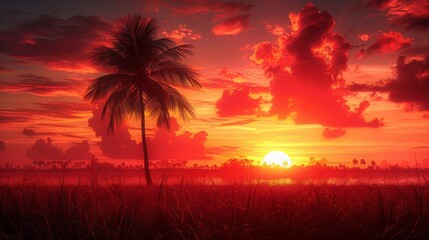 Wall Mural - Tropical sunset with palm silhouette
