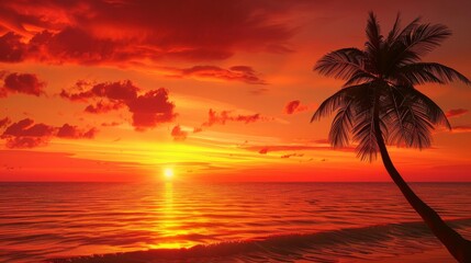 Canvas Print - Tropical sunset with palm silhouette