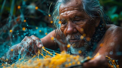Canvas Print - forager weaving a fishing net from plant fibers photographed using macro lens to showcase the intricate craftsmanship