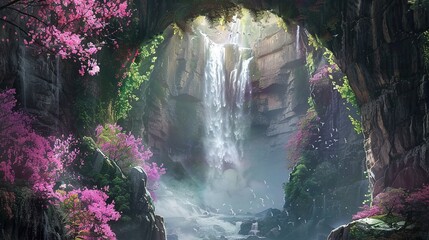Poster - blooming cavern and waterfall. fantasy